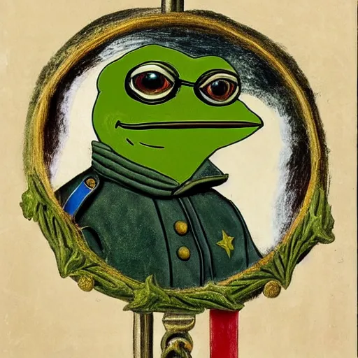 Image similar to pepe the frog in ww 1 military parade, schirmmutzen, pickelhaube, painting by sandro botticelli and leonardo da vinci, uncropped