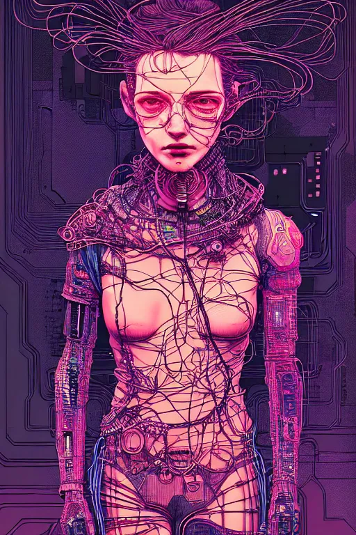 Image similar to dreamy cyberpunk girl, abstract wire clothes, digital nodes, beautiful woman, detailed acrylic, grunge, intricate complexity, by dan mumford and by katsuya terada, peter lindbergh