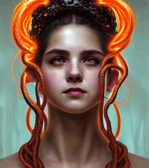 Image similar to portrait of teenage medusa, bald, raised eyebrow, wicked smile, black snakes cover her head, wearing an embroidered orange tunic, intricate, elegant, copper and emerald jewelry, glowing lights, highly detailed, digital painting, artstation, concept art, smooth, sharp focus, illustration, art by wlop, mucha, artgerm, and greg rutkowski