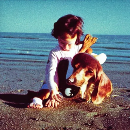 Prompt: analog photograph of kid holding a dog at the beach, retro, vintage, 8 0 s