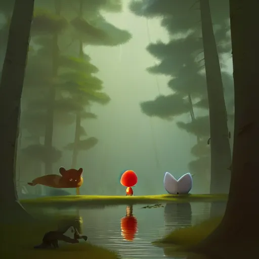 Image similar to goro fujita ilustration a beautiful forest with tall and short trees, with lots of vegetation, reflected in a lake, the rays of light go through the forest,, round characters with two eyes, painting by goro fujita, sharp focus, highly detailed, artstation