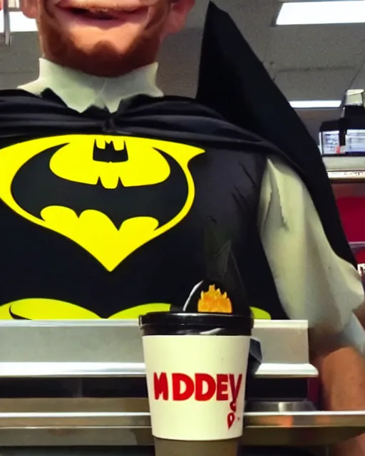 Prompt: batman working at mcdonalds, shaky cell phone video, cdx