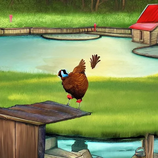 Prompt: A digital painting of a thief tripping and falling into a pond. In the background, there's a chicken coop where a rooster drinks from a wooden keg while sitting on stacks of dollar bills.