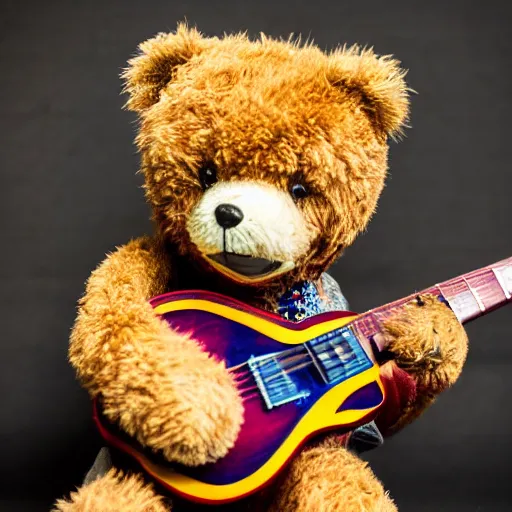 Image similar to a photograph of a teddybear, he is holding a guitar, vivid color, 50mm, depth of field