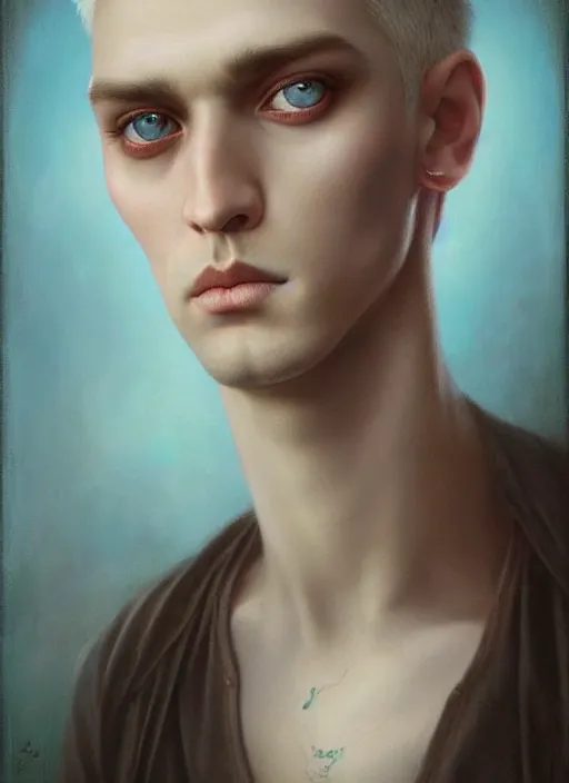 Image similar to an unnerving portrait of a male with beautiful blue eyes and short blond hair, art tom bagshaw