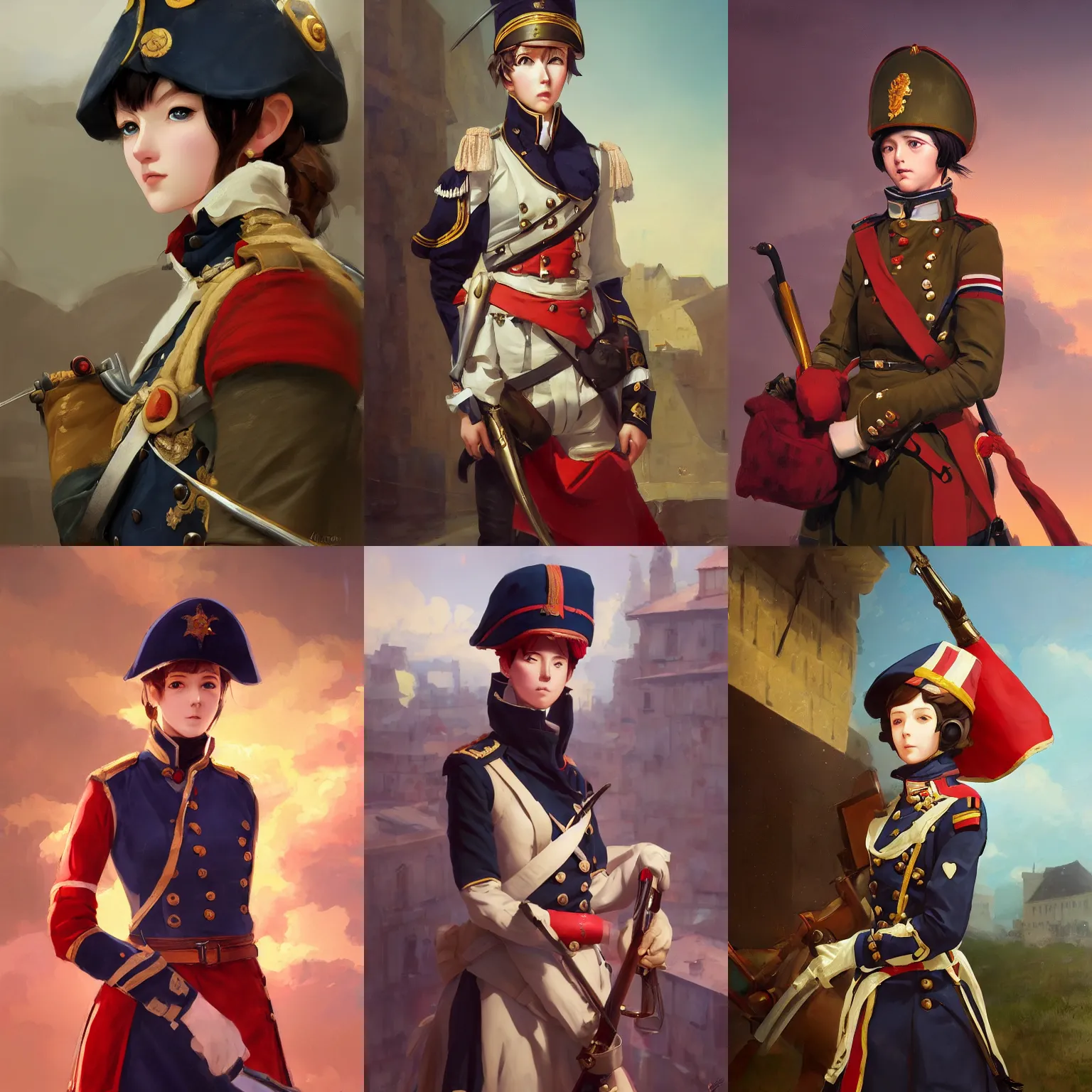 Prompt: a portrait of a cute female napoleonic soldier, parade setting, vivid colors, soft lighting, atmospheric, cinematic, moody, in the style of ilya kuvshinov and range murata, krenz cushart, rule of thirds, oil on canvas, 8 k