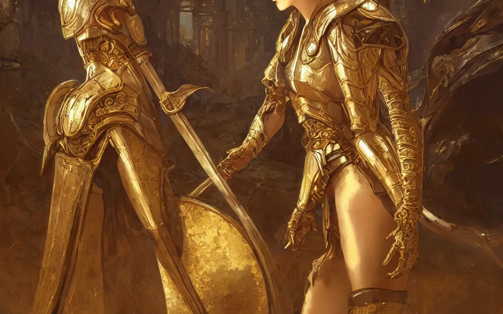 Image similar to portrait knights of zodiac girl, golden reflected armor, in ruined agora of athens, ssci - fi and fantasy, intricate and very very beautiful and elegant, highly detailed, digital painting, artstation, concept art, frostbite engine, smooth and sharp focus, illustration, art by tian zi and wlop and alphonse mucha