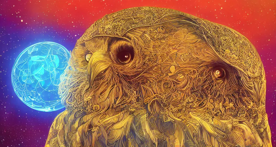 Image similar to the portrait of a smiling golden owl in the depths of the universe, an ultrafine hyperdetailed illustration by kim jung gi, irakli nadar, intricate linework, bright colors, octopath traveler, final fantasy, unreal engine 5 highly rendered, global illumination, radiant light, detailed and intricate environment, - h 1 0 2 4