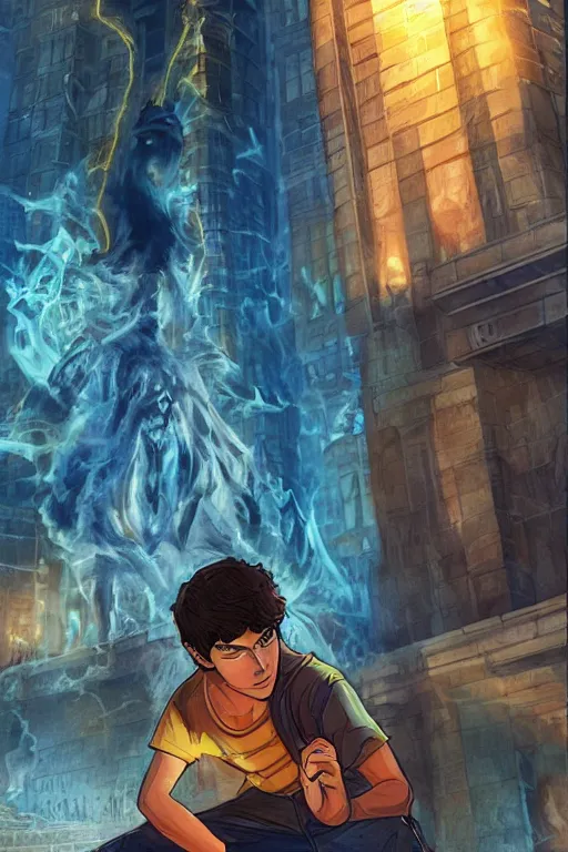 Prompt: percy jackson illustration, walter scobell, city of new york, artstation