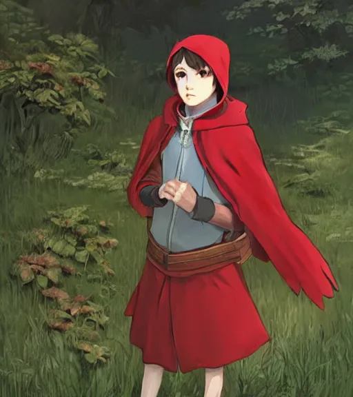 Image similar to attractive little boy character inspired in little red riding hood and venti from genshi impact, digital artwork made by akihiko yoshida and makoto shinkai