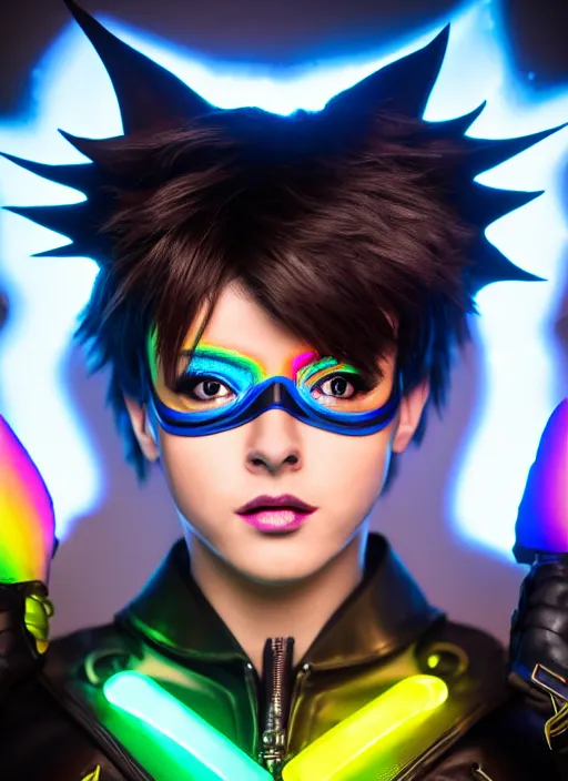 Image similar to realistic photo portrait of tracer overwatch, confident pose, wearing black iridescent rainbow latex, rainbow, neon, 4 k, expressive surprised expression, makeup, wearing detailed black leather collar, wearing sleek armor, studio lighting, black leather harness, expressive detailed face and eyes,