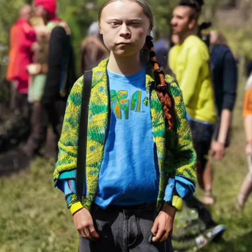 Image similar to Greta Thunberg smoking weed in rasta clothing