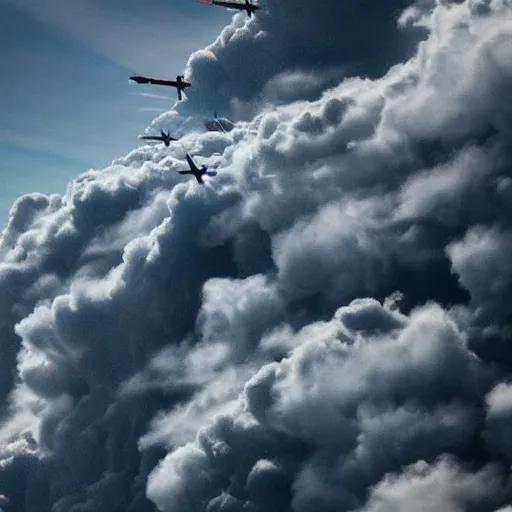 Image similar to cinematic areal shot electric field expanding turbulent fighter jets in the clouds