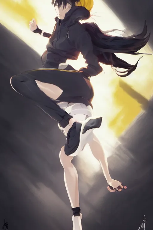 Image similar to black ponytail hair, pale woman in a black zipper jacket, yellow eyes, by artgerm, hair tied in a ponytail, white backdrop, soft lighting, fighting pose, by greg rutkowski makoto shinkai takashi takeuchi