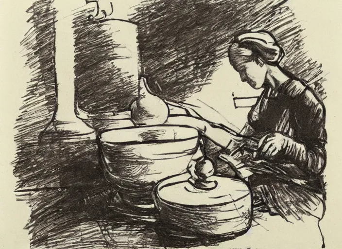 Image similar to abstract stylized pen and ink drawing on white paper of a woman sitting at a pottery wheel working on a vase, john singer sargent, van gogh, miro, vermeer