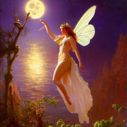 Image similar to attractive fairy magically floating high in the night, fantasy, full moon in background. highly detailed painting by gaston bussiere, craig mullins, j. c. leyendecker, sharp focus, 8 k