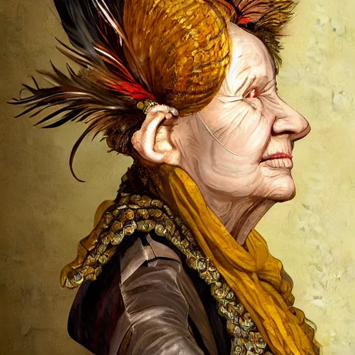 Image similar to portrait headshot digital painting of a old 17th century old lady cyborg merchant, amber jewels clorful feathers baroque ornate clothing