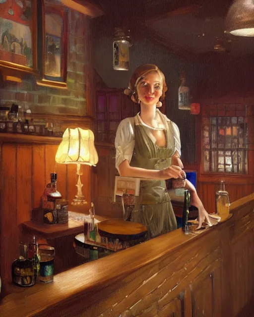 Image similar to a beautiful barmaid, dimly lit cozy tavern, relaxed pose, fantasy, art deco, detailed painterly digital art style by Francis Bacon, 😍 , 8k octane beautifully detailed render, post-processing, extremely hyperdetailed, in the style of Francis Bacon and Syd Mead and Edward Hopper and Norman Rockwell and Beksinski, open ceiling, highly detailed, painted by Francis Bacon, painted by James Gilleard, surrealism, airbrush, Ilya Kuvshinov, WLOP, Stanley Artgerm, very coherent, art by Takato Yamamoto and James Jean