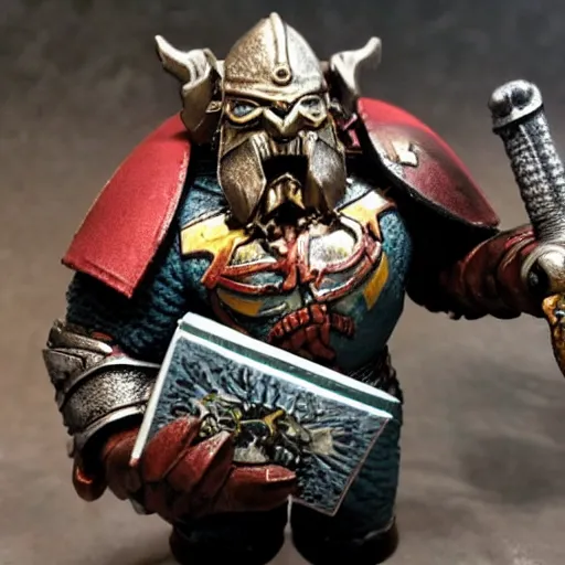 Prompt: Warhammer, Thorgrim Grudgebearer holding up his book of grudges