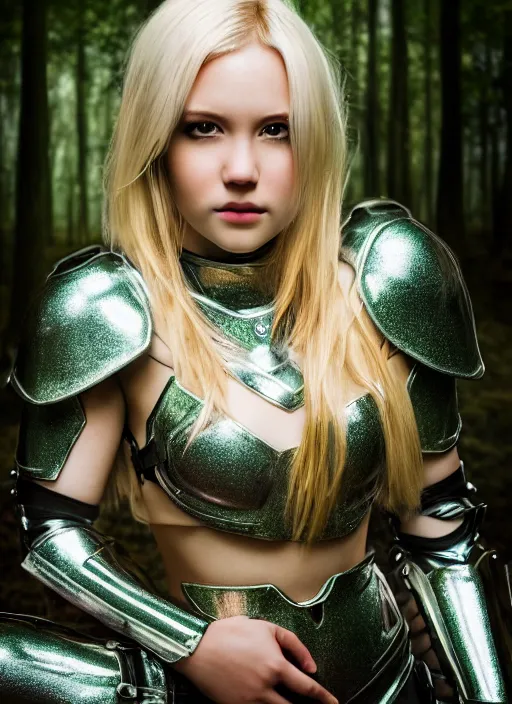 Prompt: photo of a cute blonde girl in dark forest wearing shiny plastic armor, realistic, sharp focus, 8 k high definition, insanely detailed, intricate, elegant, artgerm, greg kutkowski, high contrast dramatic lighting