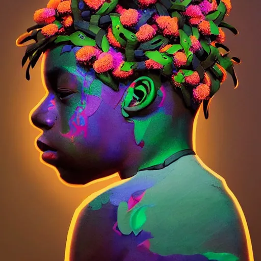 Prompt: colourful vfx art - portrait of nigerian boy wrapped in flowers & vines, art by hsiao - ron cheng & james jean, volumetric light, ray tracing, colourful, sharp, detailed, digital painting, illustration, illustration, highly detailed, intricate detail, unreal engine, octane render, pinterest, behance, art station,