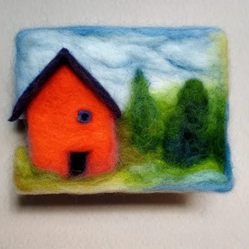 Image similar to small wooden house in the middle of spring forest, bright colours, watercolor painting, volumetric wool felting