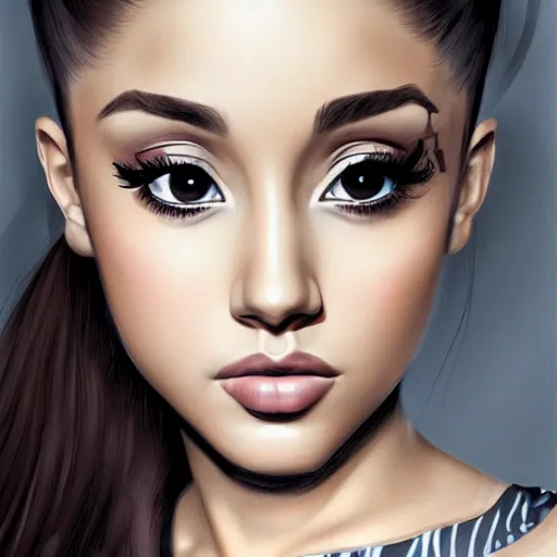 Image similar to A beautiful portrait of ariana grande, by artgerm and Dave McKean, extreme detail, facial details, sharp colors