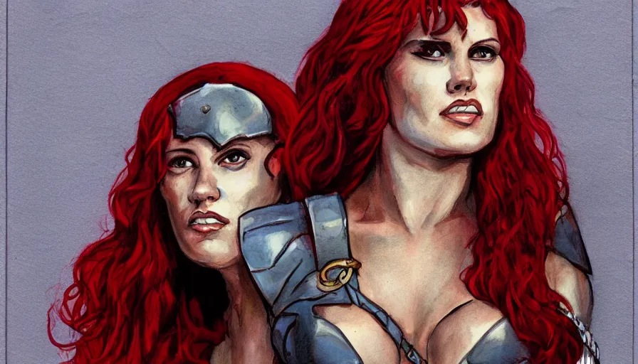 Prompt: portrait of red sonja, moody, muted colors