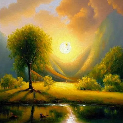 Image similar to an oil painting of the joys of the morning, amazing landscape, warm modern
