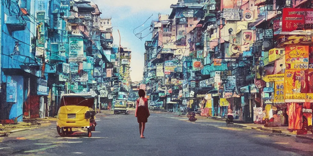 Image similar to colombo sri lankan city street, silhouette of a girl, art by Hayao Miyazaki