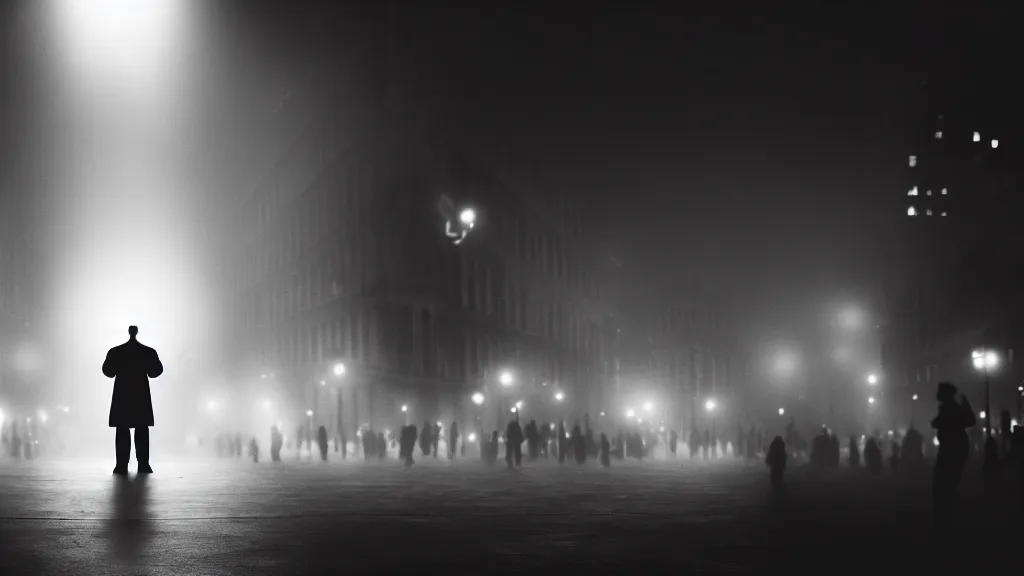 Image similar to a priest stands on a podium in front of a crowd on the street, fog, volumetric lighting, mystique, atmospheric, sharp focus, ultra detailed, noir art house, 4 k, cinematic, 3 5 mm