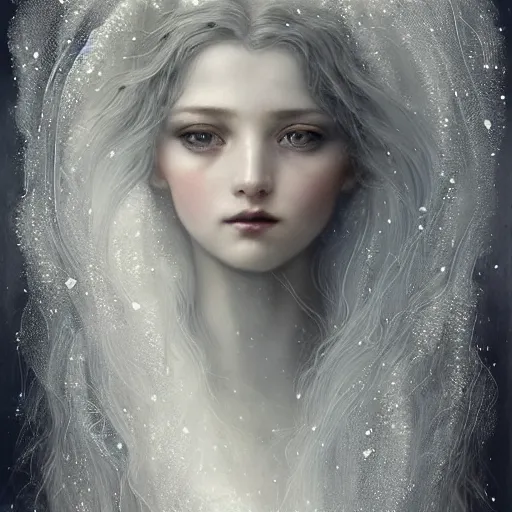 Image similar to Beautiful Delicate Detailed portrait of snow woman, With Magical grey eyes by Tom Bagshaw, Bastien Lecouffe Deharme, Erik Johansson, Amanda Sage, Alex Grey, Alphonse Mucha, Harry Clarke, Josephine Wall and Pino Daeni, Delicate winter frozen creature With long white windy Hair and Magical Sparkling Eyes, Magic Particles; Magic Swirls, 4K; 64 megapixels; 8K resolution concept art; detailed painting; digital illustration; hyperrealism; trending on Artstation; Unreal Engine Photorealistic, lifelike, Unreal Engine, sharp, sharpness, detailed, 8K