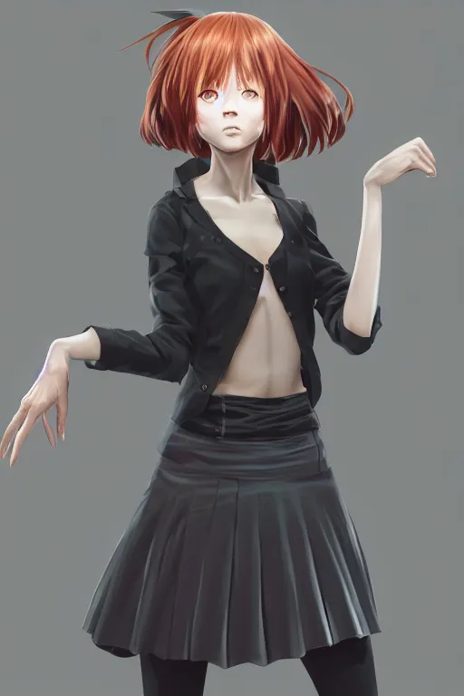 Image similar to Very complcated dynamic composition, realistic anime style at Pixiv, Zbrush sculpt colored, Octane render in Maya and Houdini VFX, young redhead girl in motion, wearing jacket and skirt, silky hair, black stunning deep eyes. By ilya kuvshinov, krenz cushart, Greg Rutkowski, trending on artstation. Amazing textured brush strokes. Cinematic dramatic soft volumetric studio lighting