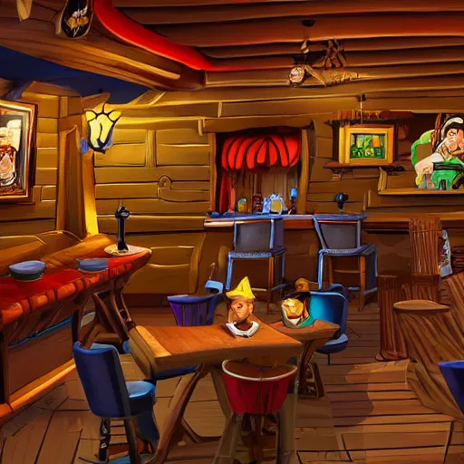 Image similar to secret of monkey island background, pirate pub interior, photograph