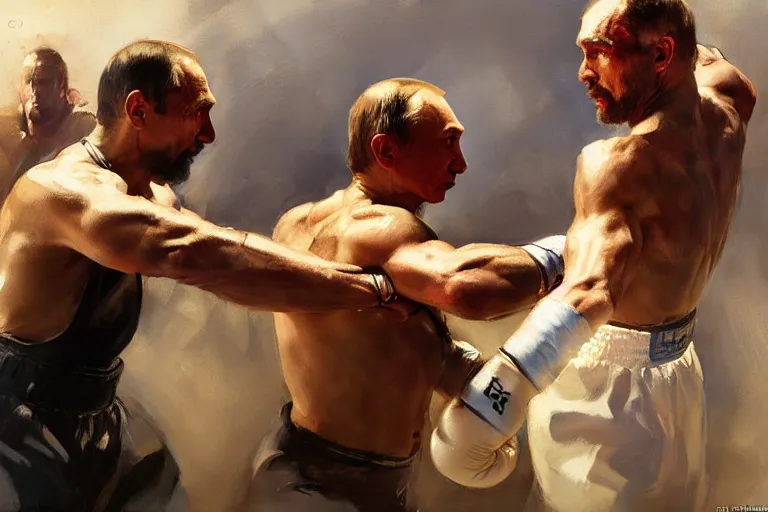 Image similar to jesus christ boxing vs vladimir putin, fist fight, detailed faces, putin face, in battle by anders zorn, wonderful, masterpiece by greg rutkowski, beautiful cinematic light, by greg manchess, jessica rossier