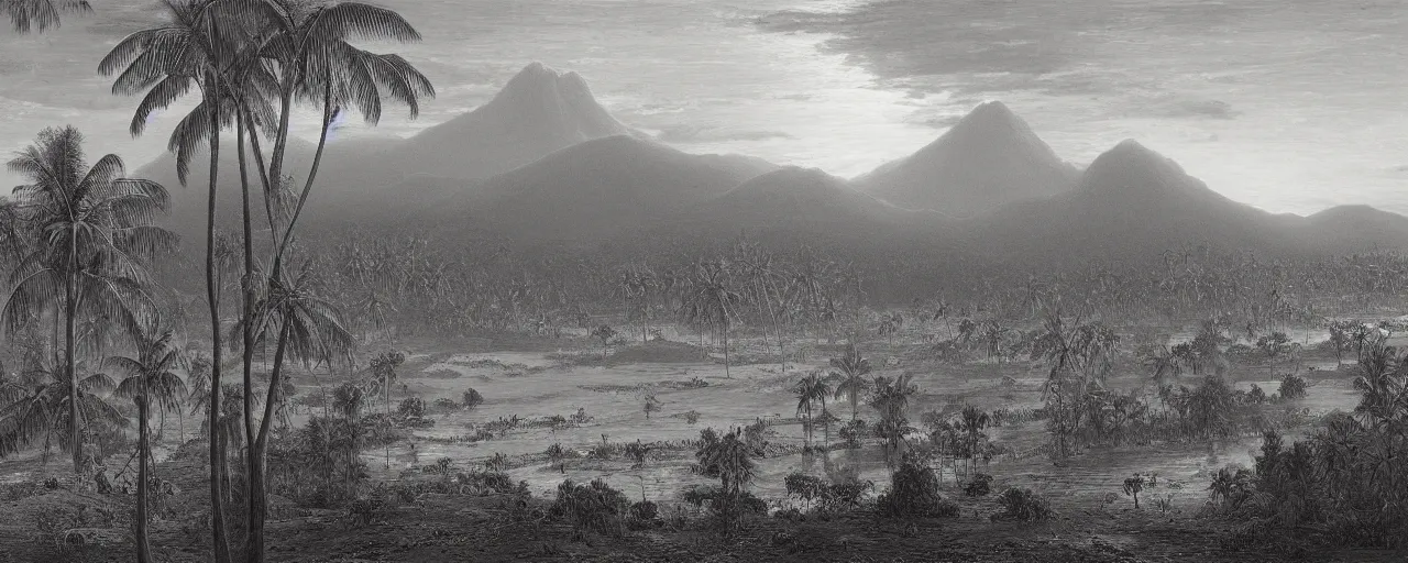 Prompt: oil painting of a sri lankan landscape at sunset, banana trees in the foreground, mountain sunset in the background, volumetric lighting, volumetric shadows, realistic oil painting by gustave dore, black and white - h 6 4 0,