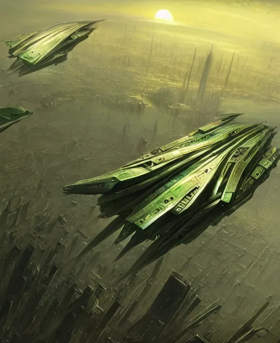 Image similar to a futuristic green spaceship flying above a large city by hr giger and beksinski and stephan martiniere, trending on artstation, 4 k resolution, detailed, high quality, hq artwork