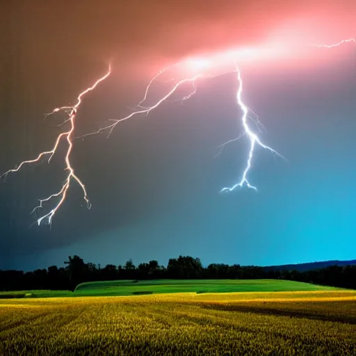 Prompt: lighting strikes at barn in the open fields, complementary colors