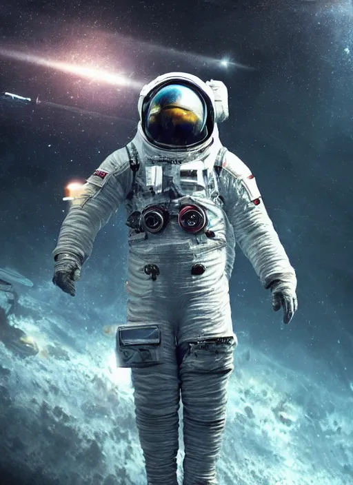Prompt: cgi poster art by craig mullins astronaut in futuristic dark and empty spaceship underwater. infrared glowing lights. complex and hyperdetailed technical suit. reflection and dispersion materials. rays and dispersion of light. volumetric light. 5 0 mm, f / 3 2. noise film photo. flash photography. octane render. interstellar movie poster