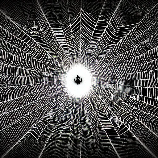 Image similar to spiderweb abomination, scary, mostly black and white, mandelbulb fractal, expansive, huge, lots of detail, highly detailed, 8 k