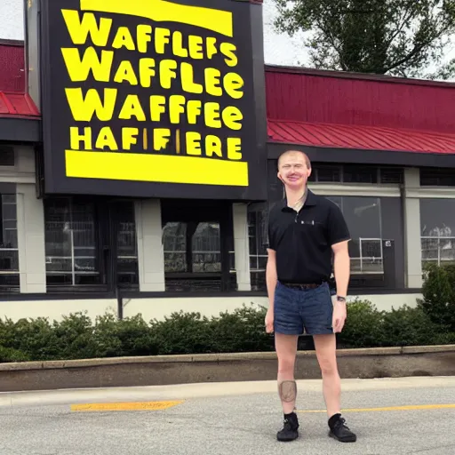 Image similar to wafflehouse employee's standing below wafflehouse sign