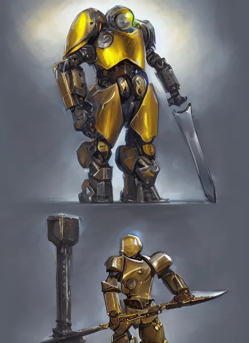 Image similar to dynamic portrait of a mecha warforged character in yellow armor holding a paladin engraved longsword and carrying a big shield, epic , trending on ArtStation, cinematic lighting, by Jesper Ejsing