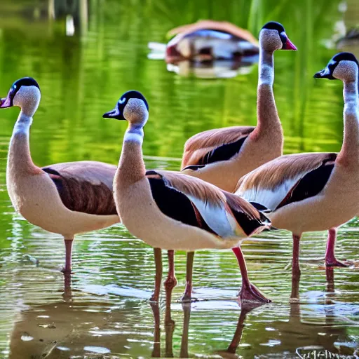 Prompt: family of egyptian geese at a pond