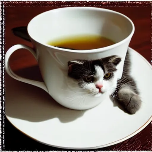 Prompt: a elegant scottish fold cat having a cup of tea