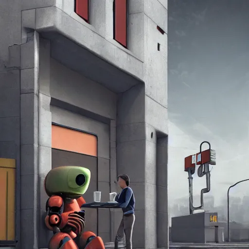 Prompt: a photograph of two alien robots sharing a coffee on an empty street corner, brutalist russian architecture, early morning, dramatic lighting, 4k, trending on artstation