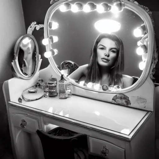 Prompt: a beautiful actress sitting at a vanity in front of a cracked mirror, beautiful face, elegant furniture