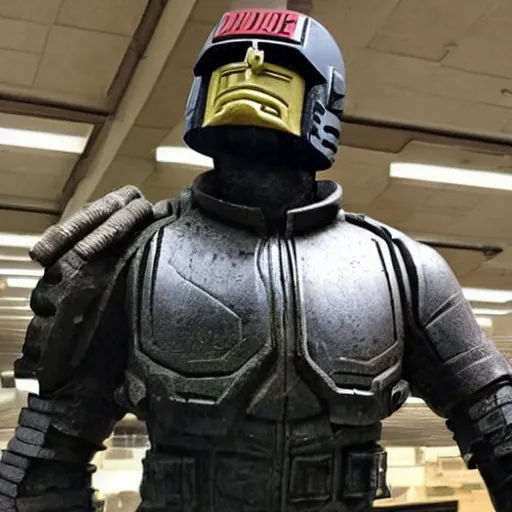 Prompt: statue of judge dredd holding a mechanical arm of fallen foe