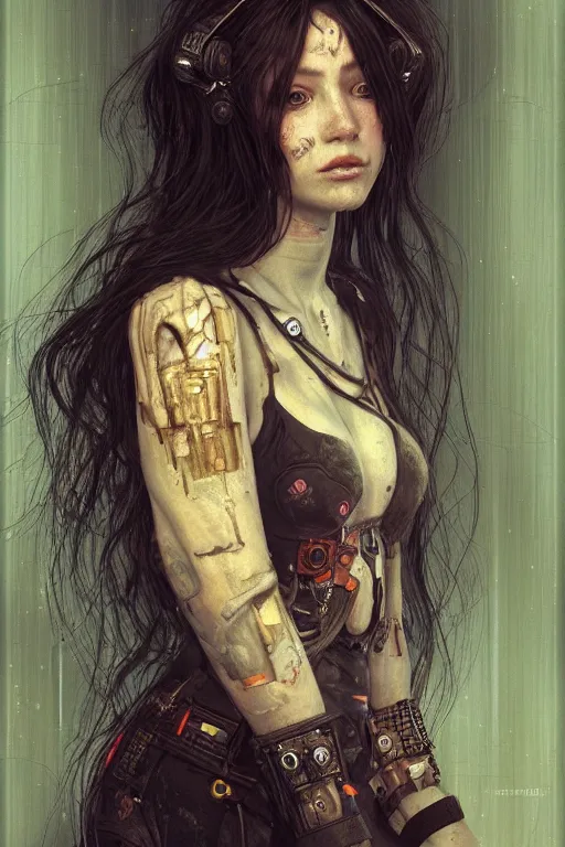 Prompt: portrait of beautiful young maiden, warhammer, cyberpunk, a lot of scars, readhead, the future ages, highly detailed, artstation, illustration, art by gustav klimt, 8 k quality