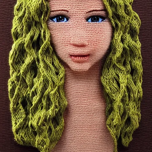 Image similar to jennifer lawrence made of yarn, crocheted caricature of jennifer lawrence, photorealistic, trending on artstation