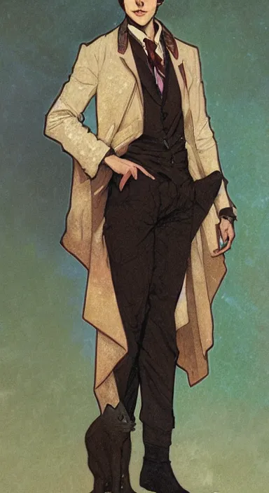 Prompt: Full body portrait of a pretty cat boy in his twenties in fancy clothes. Art by Greg Rutkowski and Alphonse Mucha